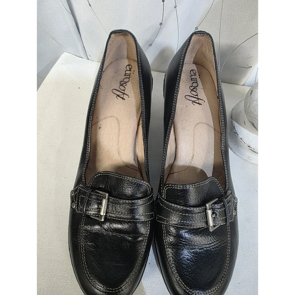 EuroSoft Shoes 9 Black Leather Coquette‎ Retro Buckle Office Classic Jackie O